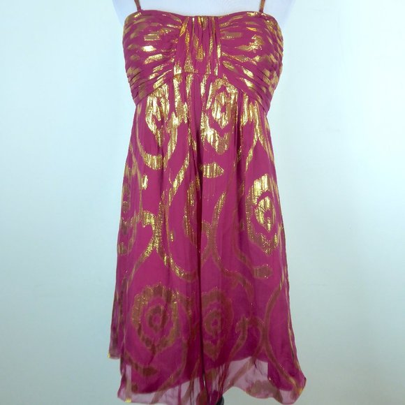 OLEG CASSINI red gold silk LUREX FLORAL spaghetti strap cocktail Dress 8 new - Picture 1 of 7